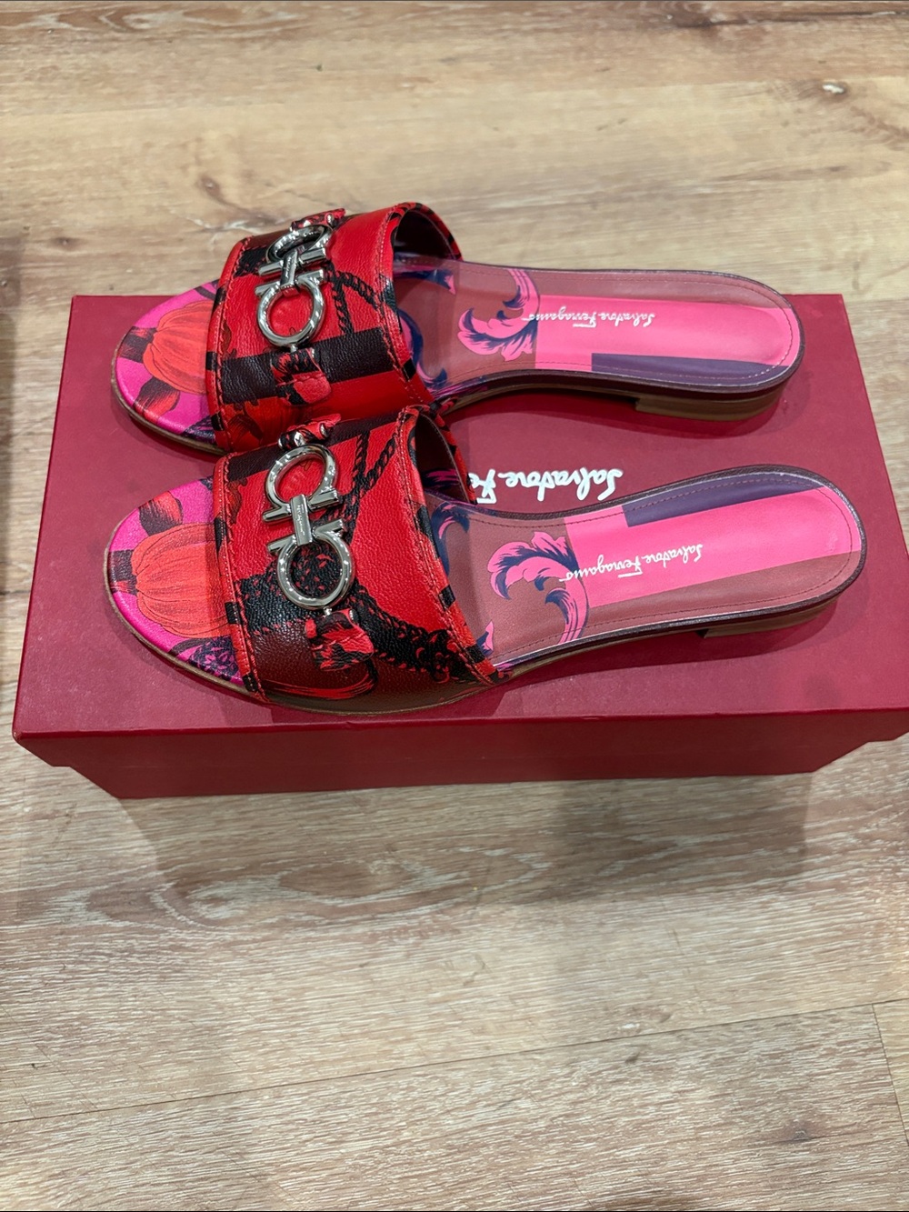 Salvatore Ferragamo Red and Pink Floral Gancini Slide Sandals - Picture 2 of 3